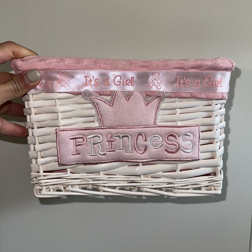 It’s a Girl pink and white woven basket